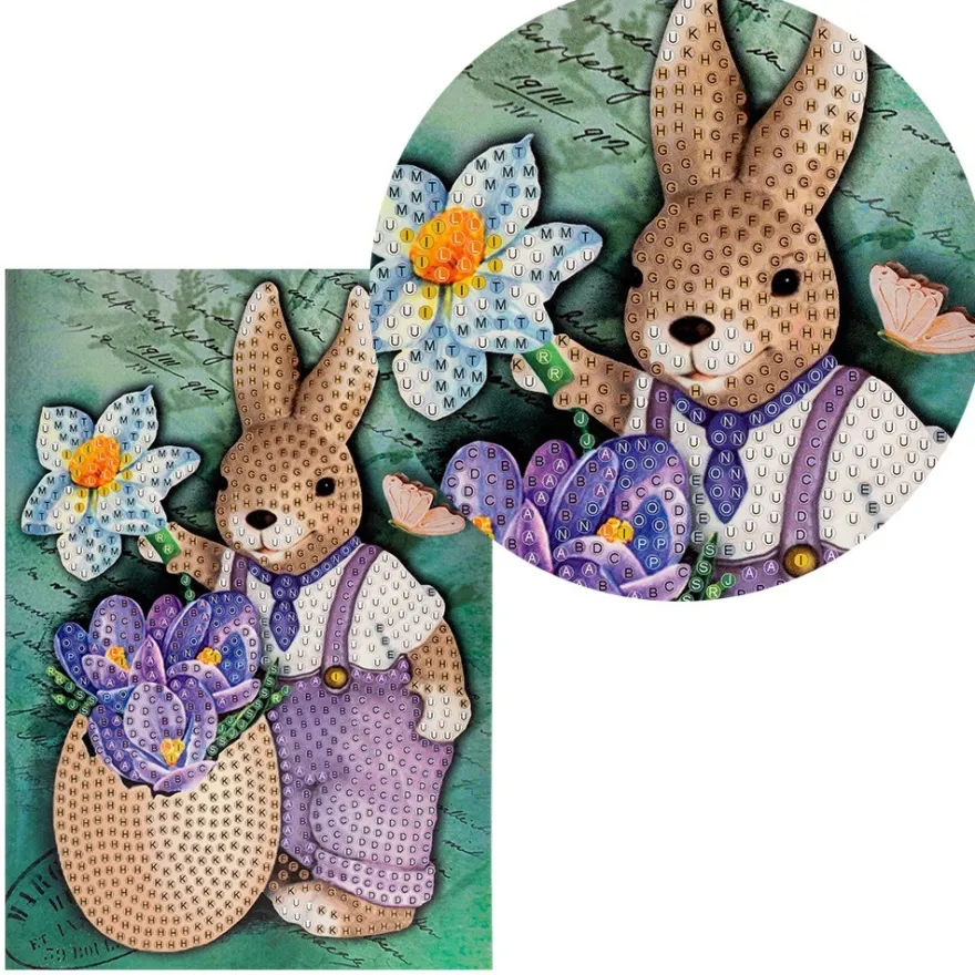 Diamond-Painting-Grußkarte, Hase mit Blumen 2, 11,5cm x 16,5cm, inkl. Zubehör