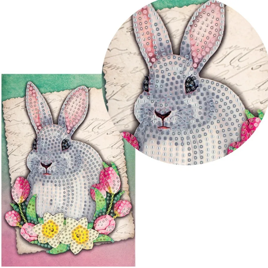 Diamond-Painting-Grußkarte, Hase mit Tulpen & Narzissen, 11,5cm x 16,5cm, inkl. Zubehör