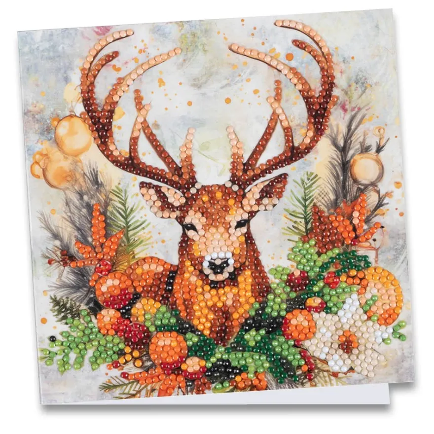 Diamond-Painting-Grußkarte, Hirsch mit winterlicher Deko, 16cm x 16cm, inkl. Zubehör