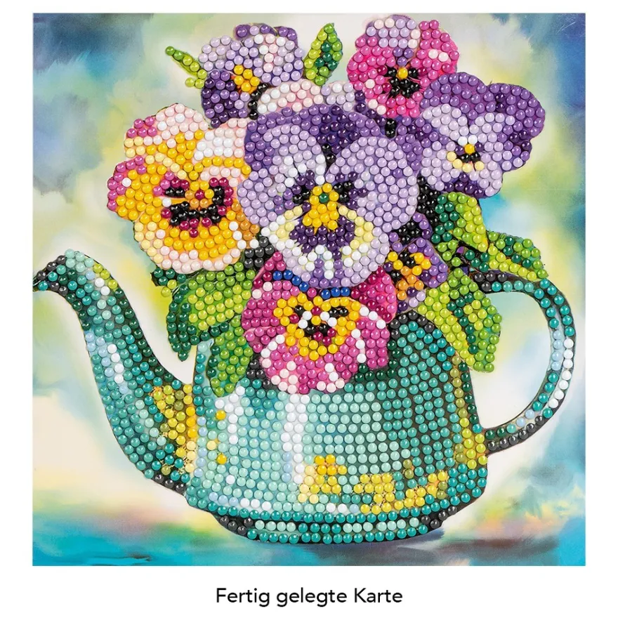 Diamond-Painting-Grußkarte, Kanne mit Stiefmütterchen, 16cm x 16cm, inkl. Zubehör