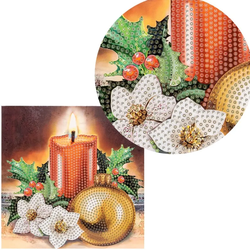 Diamond-Painting-Grußkarte, Kerze & Weihnachtskugel 2, 16cm x 16cm, inkl. Zubehör