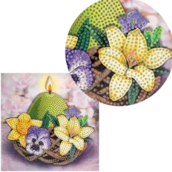 Diamond-Painting-Grußkarte, Kerze im Nest mit Blüten, 16cm x 16cm, inkl. Zubehör