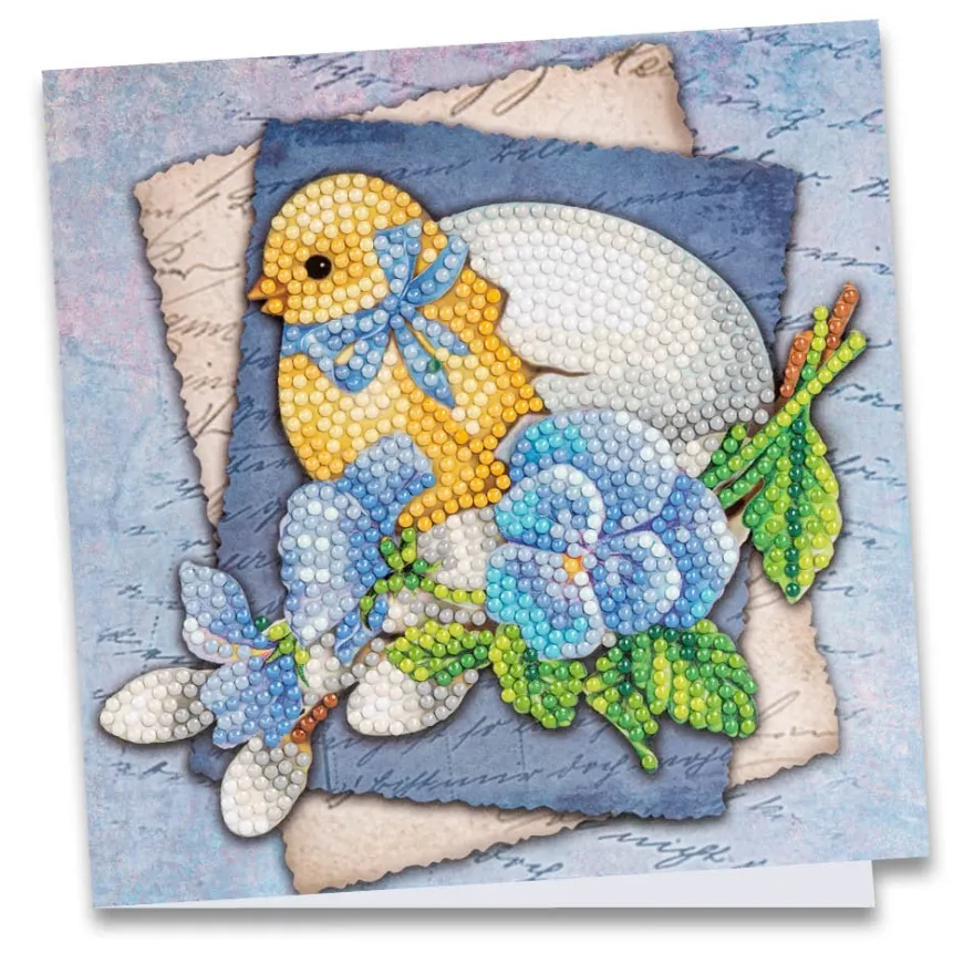 Diamond-Painting-Grußkarte, Küken mit Ei und blauen Blüten, 16cm x 16cm, inkl. Zubehör