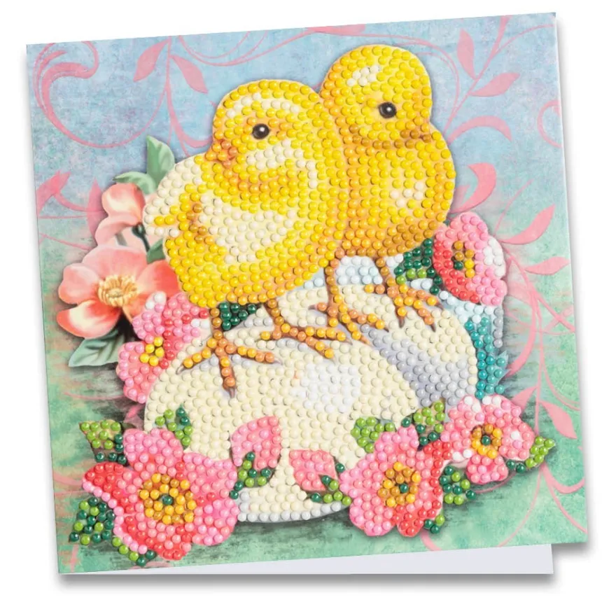 Diamond-Painting-Grußkarte, Küken mit pinkfarbenen Blüten, 16cm x 16cm, inkl. Zubehör