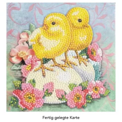 Diamond-Painting-Grußkarte, Küken mit pinkfarbenen Blüten, 16cm x 16cm, inkl. Zubehör