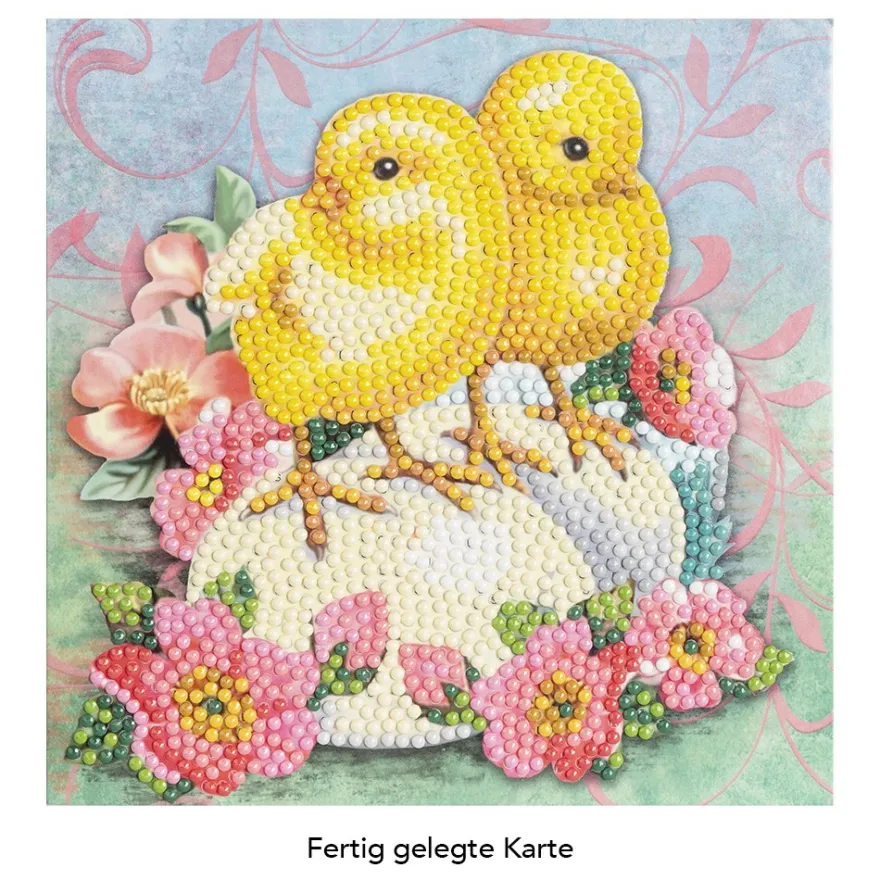 Diamond-Painting-Grußkarte, Küken mit pinkfarbenen Blüten, 16cm x 16cm, inkl. Zubehör