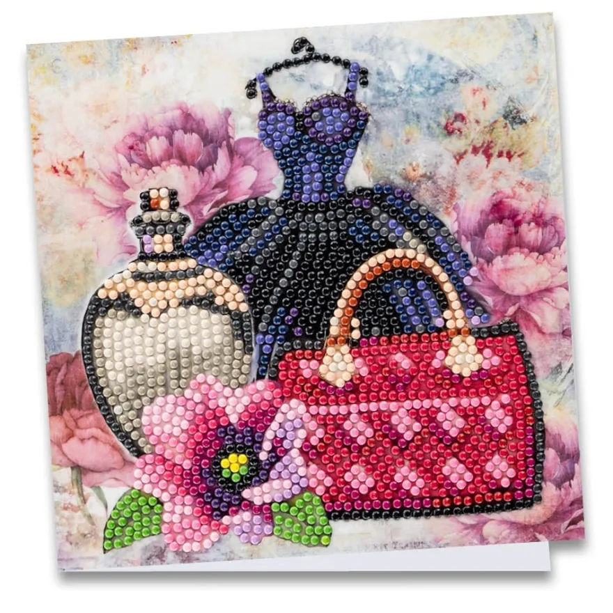 Diamond-Painting-Grußkarte, Kleid mit Handtasche & Flakon, 16cm x 16cm, inkl. Zubehör