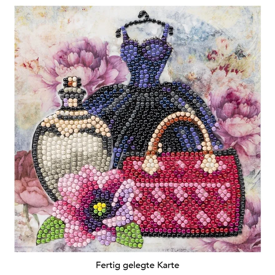 Diamond-Painting-Grußkarte, Kleid mit Handtasche & Flakon, 16cm x 16cm, inkl. Zubehör