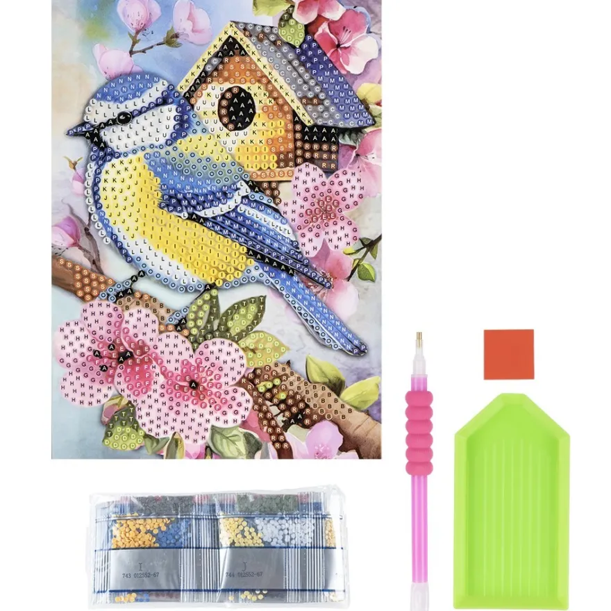 Diamond-Painting-Grußkarte, Kohlmeise mit Vogelhaus, 11,5cm x 16,5cm, inkl. Zubehör