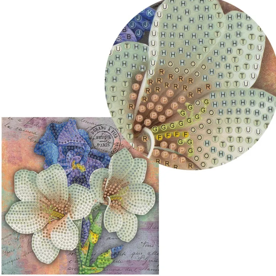 Diamond-Painting-Grußkarte, Lilien und Iris, 16cm x 16cm, inkl. Zubehör