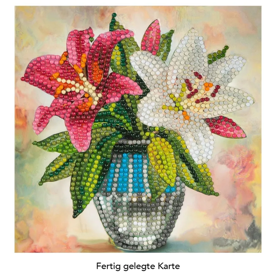 Diamond-Painting-Grußkarte, Lilien in Vase, 16cm x 16cm, inkl. Zubehör