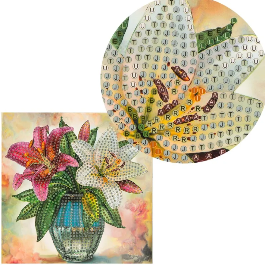 Diamond-Painting-Grußkarte, Lilien in Vase, 16cm x 16cm, inkl. Zubehör