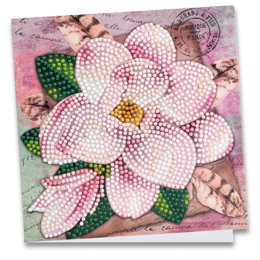 Diamond-Painting-Grußkarte, Magnolie und Federn, 16cm x 16cm, inkl. Zubehör