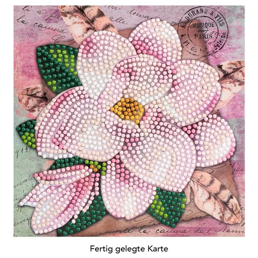 Diamond-Painting-Grußkarte, Magnolie und Federn, 16cm x 16cm, inkl. Zubehör