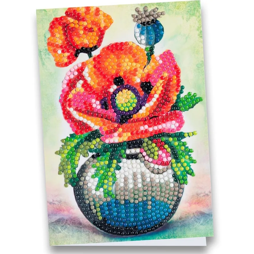Diamond-Painting-Grußkarte, Mohnblumen in Vase, 11,5cm x 16,5cm, inkl. Zubehör
