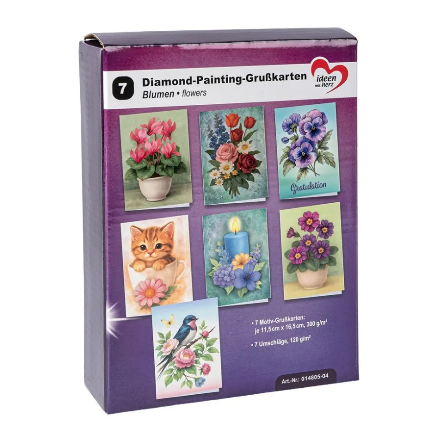 Diamond-Painting-Grußkarten, Blumen, je 11,5cm x 16,5cm, inkl. Umschläge, 7 Stück