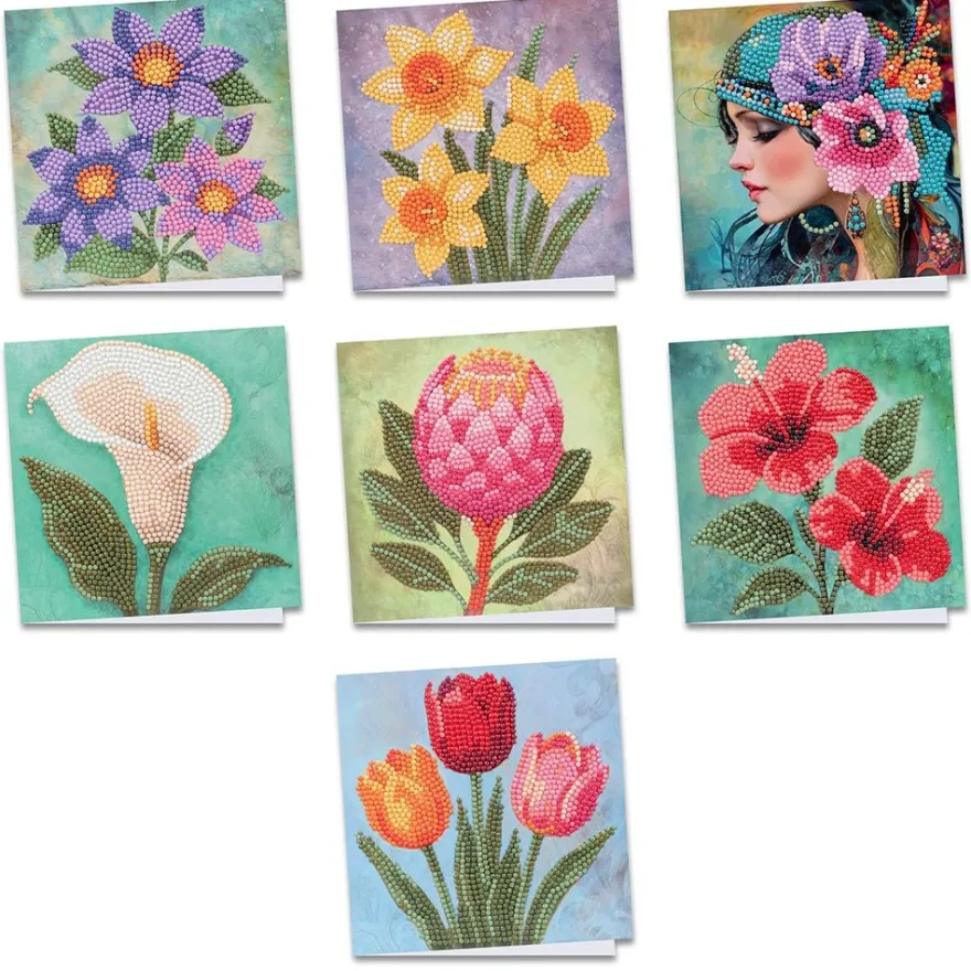 Diamond-Painting-Grußkarten, Blumen, je 16cm x 16cm, inkl. Umschläge, 7 Stück