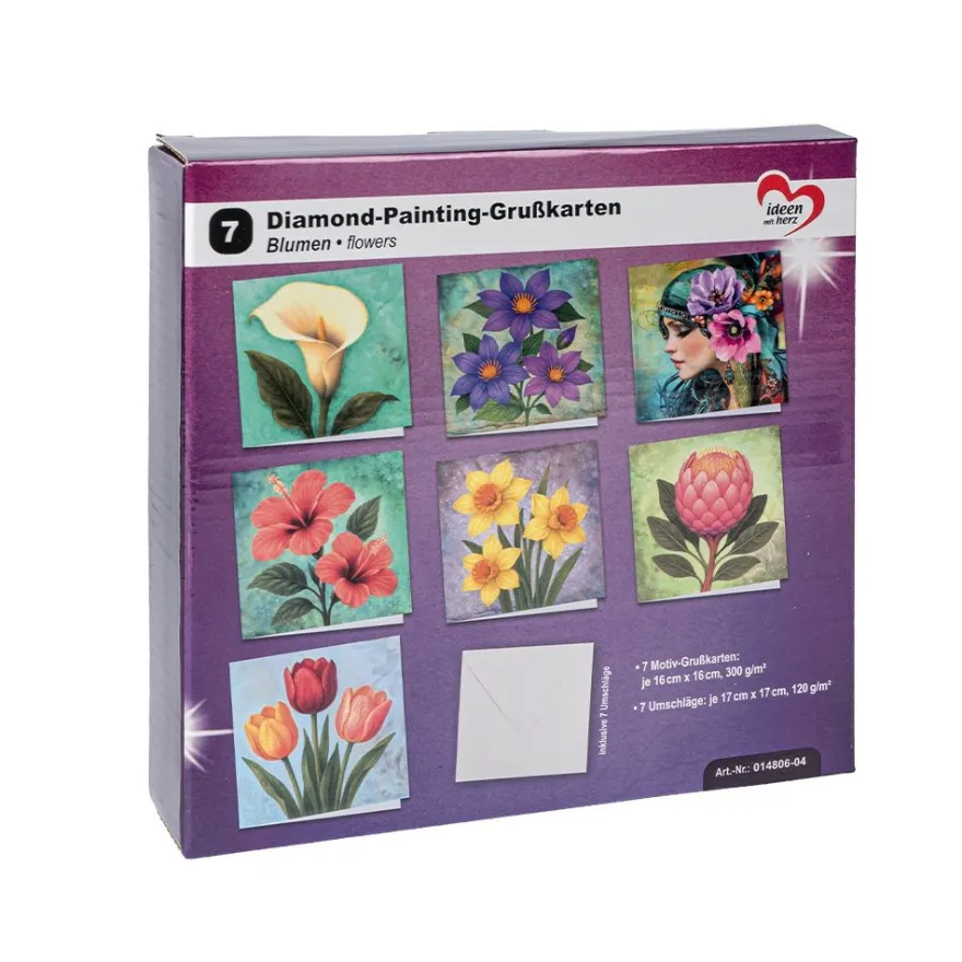 Diamond-Painting-Grußkarten, Blumen, je 16cm x 16cm, inkl. Umschläge, 7 Stück