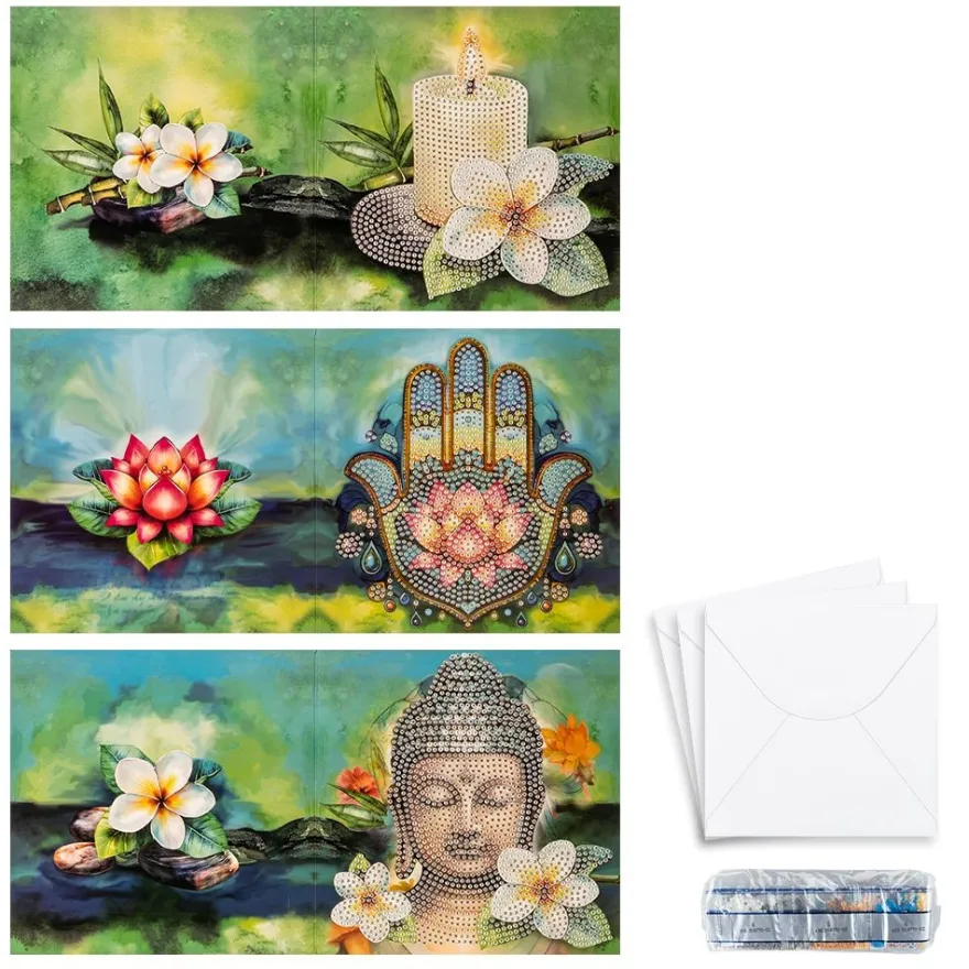 Diamond-Painting-Grußkarten, Spirituelle Reise 2, je 16cm x 16cm, inkl. Umschläge, 3 Stück