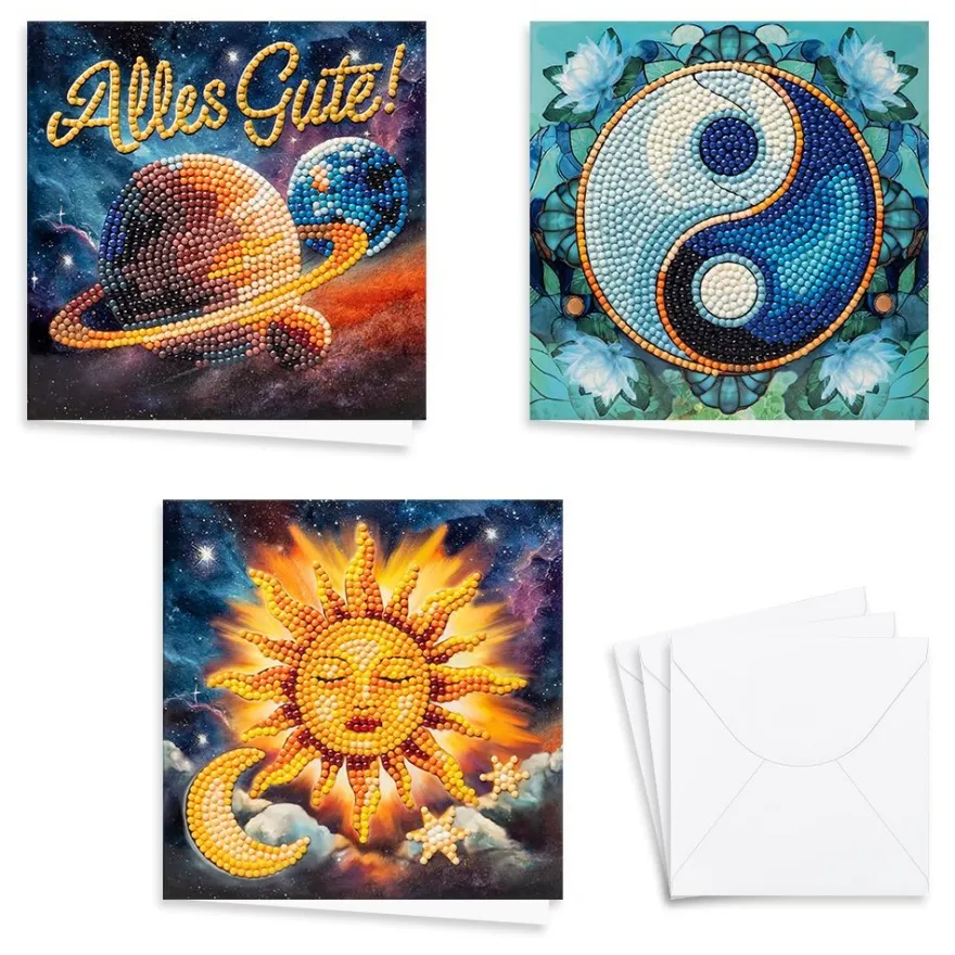 Diamond-Painting-Grußkarten, Spirituelle Reise 1, je 16cm x 16cm, inkl. Umschläge, 3 Stück