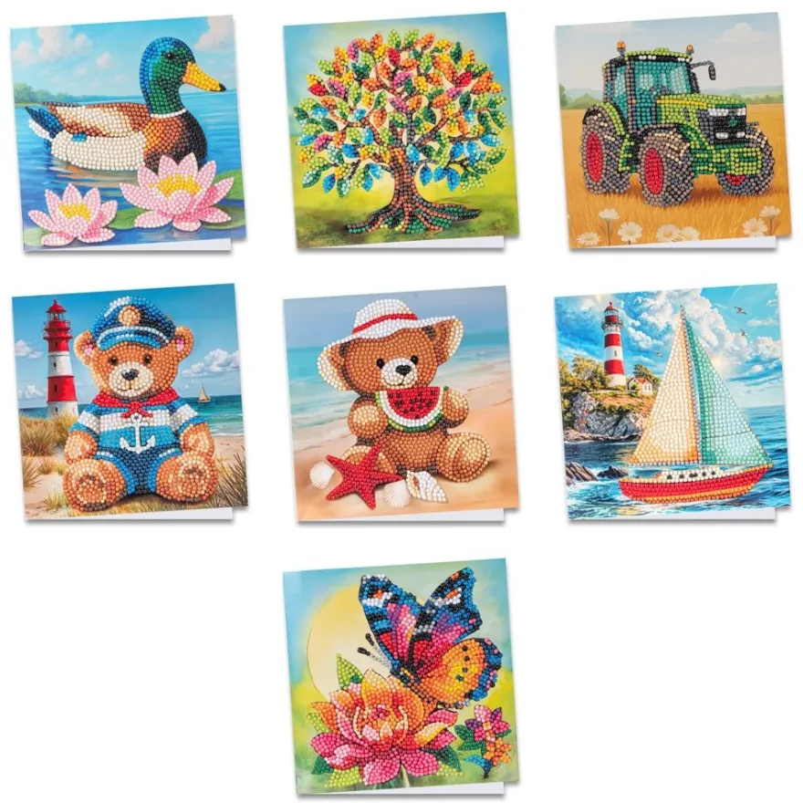 Diamond-Painting-Grußkarten, Sommer/Maritim/Bauernhof, je 16cm x 16cm, inkl. Umschläge, 7 Stück