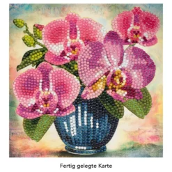 Diamond-Painting-Grußkarte, Orchideen in Vase, 16cm x 16cm, inkl. Zubehör