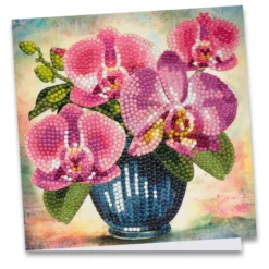 Diamond-Painting-Grußkarte, Orchideen in Vase, 16cm x 16cm, inkl. Zubehör