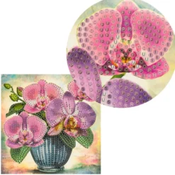 Diamond-Painting-Grußkarte, Orchideen in Vase, 16cm x 16cm, inkl. Zubehör