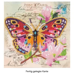 Diamond-Painting-Grußkarte, Pinker Schmetterling mit Blüten, 16cm x 16cm, inkl. Zubehör