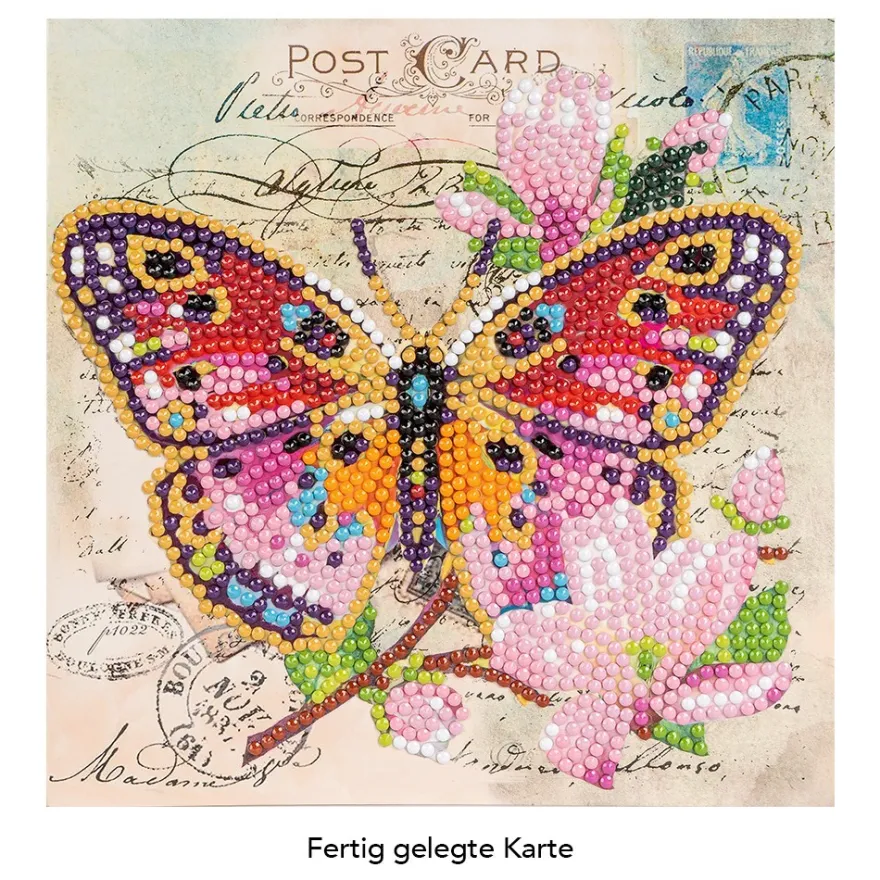 Diamond-Painting-Grußkarte, Pinker Schmetterling mit Blüten, 16cm x 16cm, inkl. Zubehör
