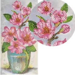 Diamond-Painting-Grußkarte, Pinkfarbene Magnolien in Vase, 10,5cm x 21cm, inkl. Zubehör
