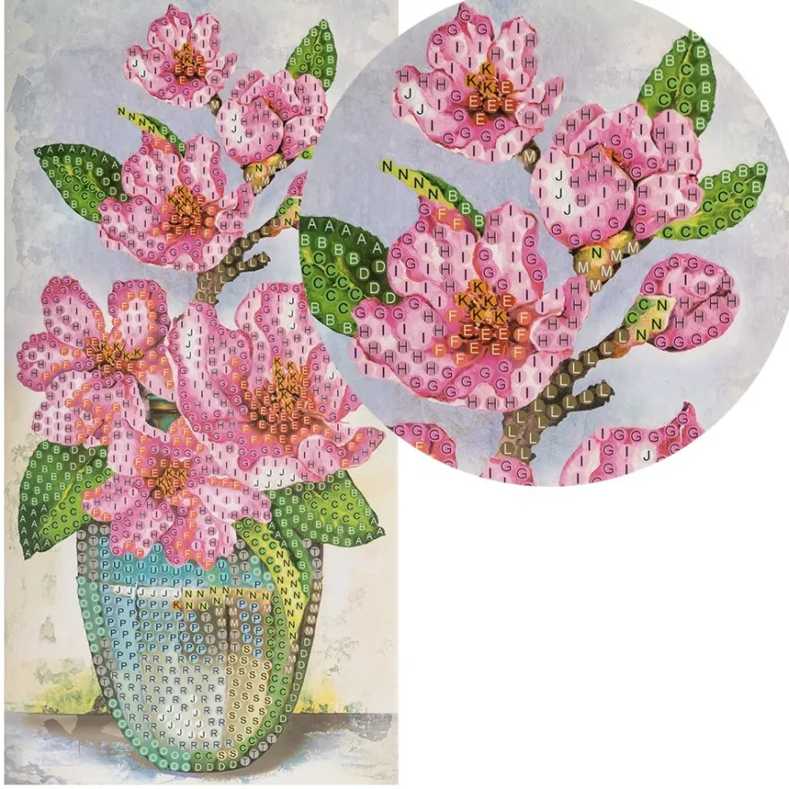 Diamond-Painting-Grußkarte, Pinkfarbene Magnolien in Vase, 10,5cm x 21cm, inkl. Zubehör