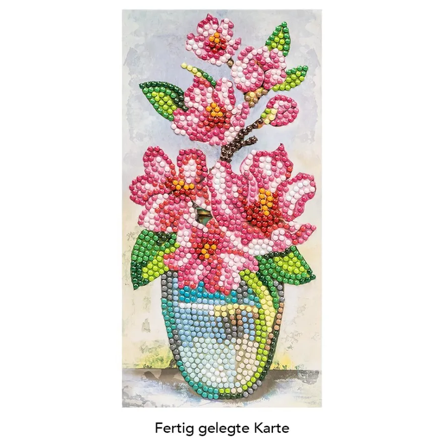 Diamond-Painting-Grußkarte, Pinkfarbene Magnolien in Vase, 10,5cm x 21cm, inkl. Zubehör
