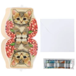 Diamond-Painting-Grußkarte Portemonnaie, Katze mit roten Blüten, inkl. Einleger & Umschlag
