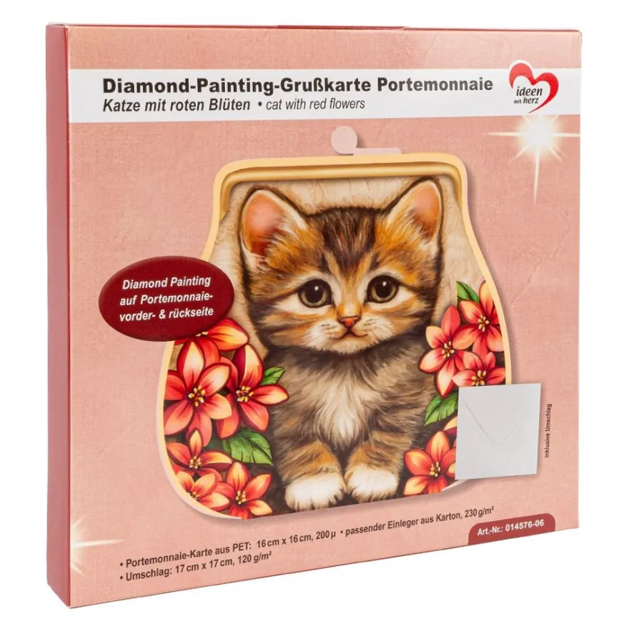 Diamond-Painting-Grußkarte Portemonnaie, Katze mit roten Blüten, inkl. Einleger & Umschlag