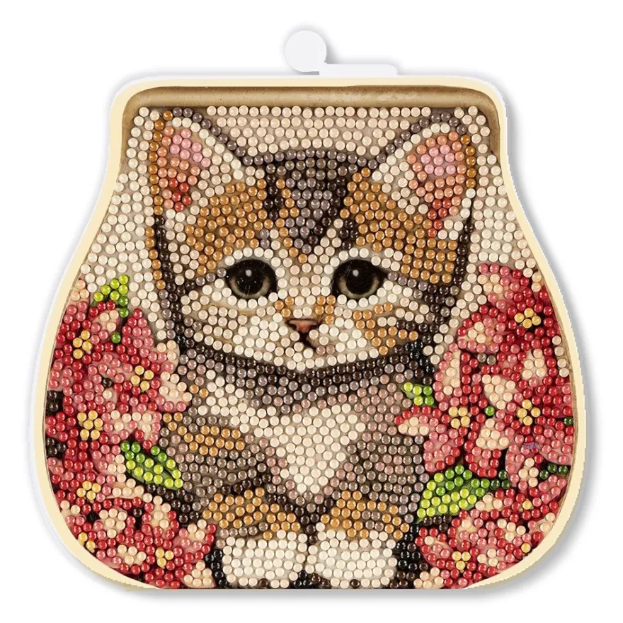 Diamond-Painting-Grußkarte Portemonnaie, Katze mit roten Blüten, inkl. Einleger & Umschlag