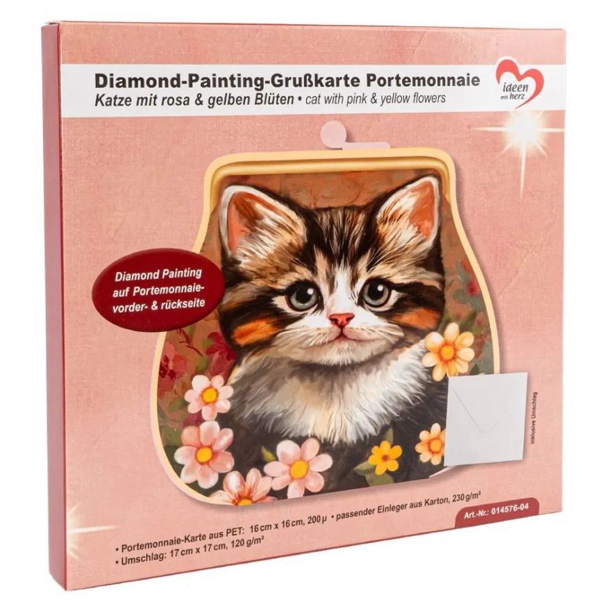 Diamond-Painting-Grußkarte Portemonnaie, Katze mit Blüten, inkl. Einleger & Umschlag