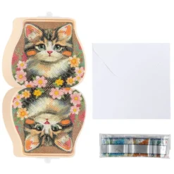 Diamond-Painting-Grußkarte Portemonnaie, Katze mit Blüten, inkl. Einleger & Umschlag
