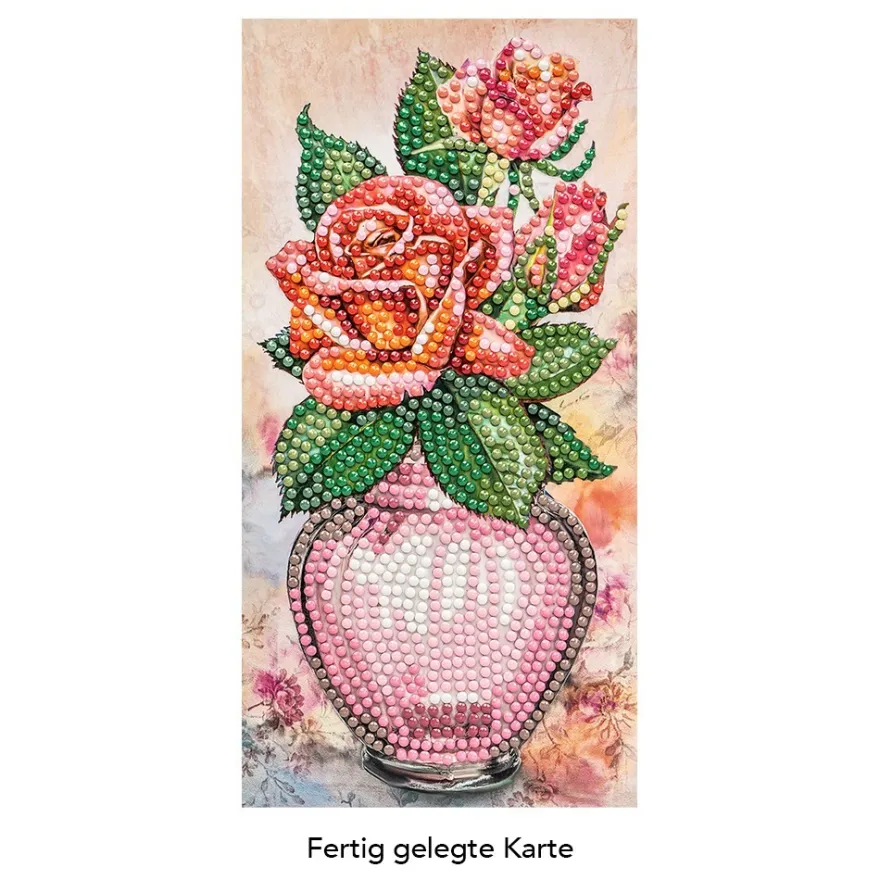 Diamond-Painting-Grußkarte, Rote Rosen in Vase, 10,5cm x 21cm, inkl. Zubehör