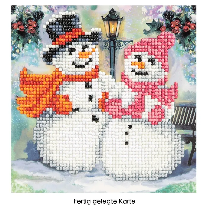Diamond-Painting-Grußkarte, Schneemänner, 16cm x 16cm, inkl. Zubehör