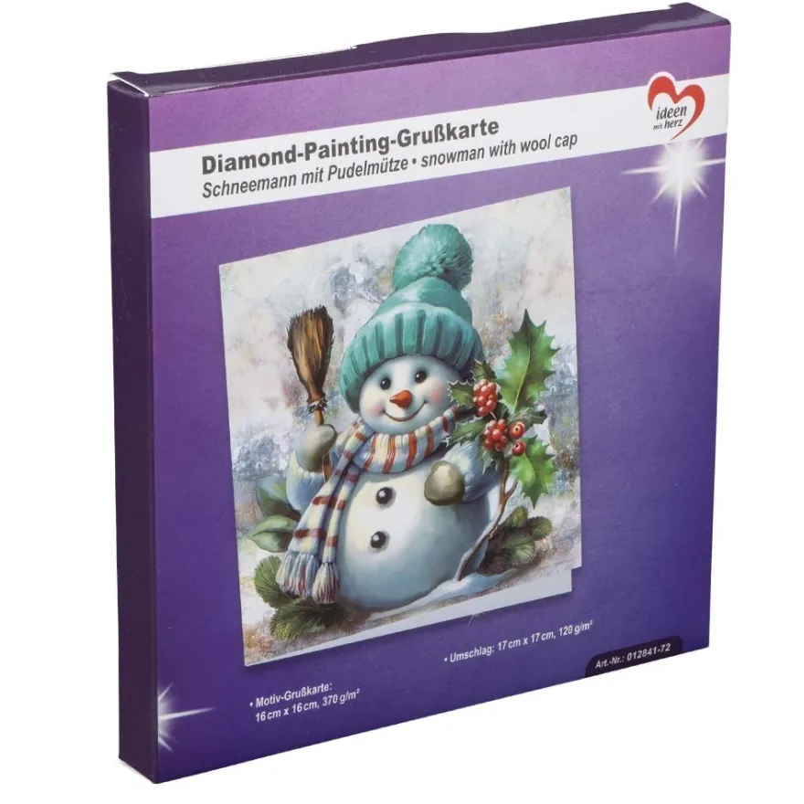 Diamond-Painting-Grußkarte, Schneemann mit Pudelmütze, 16cm x 16cm, inkl. Zubehör