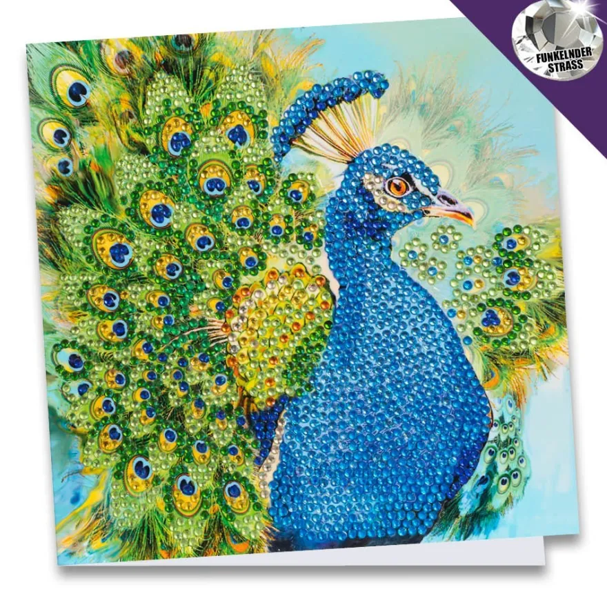 Diamond-Painting-Grußkarte, Strass, Pfau, 16cm x 16cm, inkl. Zubehör