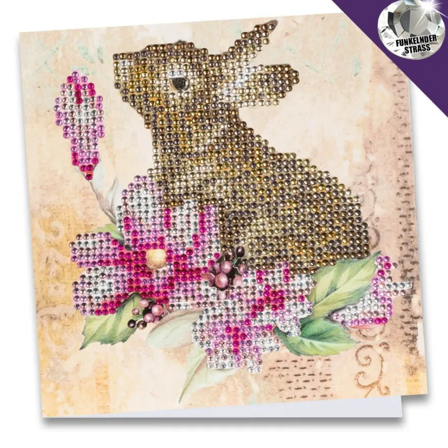 Diamond-Painting-Grußkarte, Strass, Hase & Blumen 1, 16cm x 16cm, inkl. Zubehör