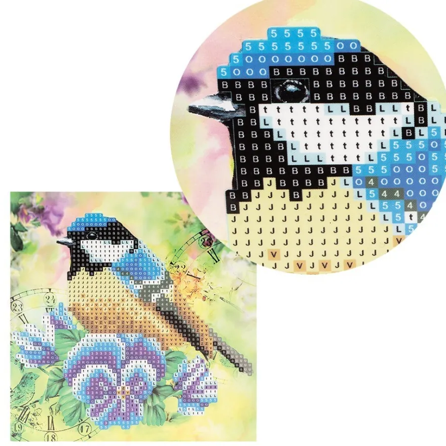 Diamond-Painting-Grußkarte, Strass, Vogel & Blumen 1, 16cm x 16cm, inkl. Zubehör