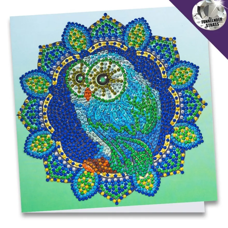 Diamond-Painting-Grußkarte, Strass, Eule, 16cm x 16cm, inkl. Zubehör