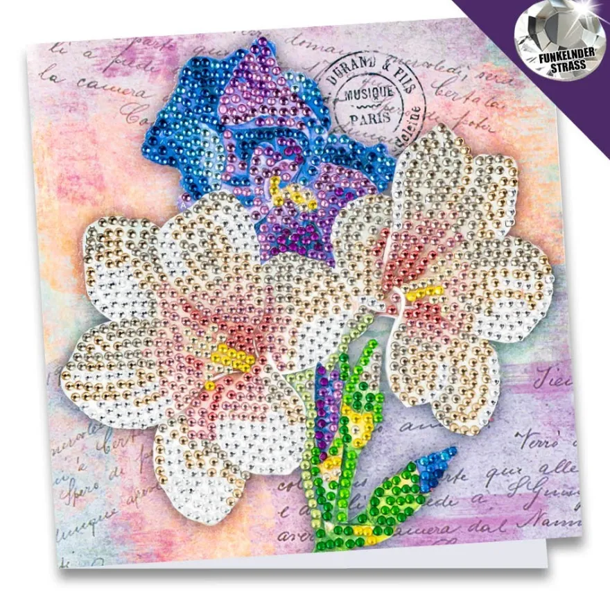 Diamond-Painting-Grußkarte, Strass, Lilien und Iris, 16cm x 16cm, inkl. Zubehör