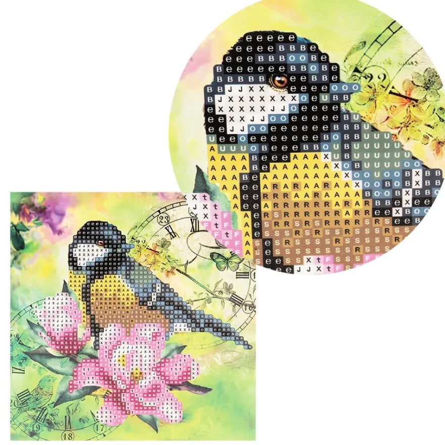 Diamond-Painting-Grußkarte, Strass, Vogel & Blumen 2, 16cm x 16cm, inkl. Zubehör