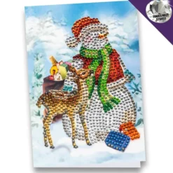 Diamond-Painting-Grußkarte, Strass, Schneemann mit Rehkitz, 11,5cm x 16,5cm, inkl. Zubehör