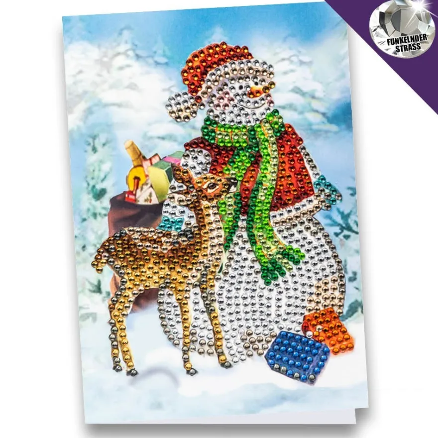 Diamond-Painting-Grußkarte, Strass, Schneemann mit Rehkitz, 11,5cm x 16,5cm, inkl. Zubehör