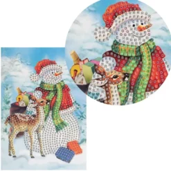 Diamond-Painting-Grußkarte, Strass, Schneemann mit Rehkitz, 11,5cm x 16,5cm, inkl. Zubehör